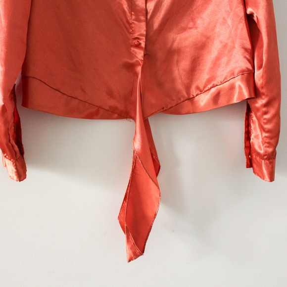 SOLD-Vintage 1950s Orange Satin Tie Front Western Crop Top / Shiny Dagger - Picture 7 of 9